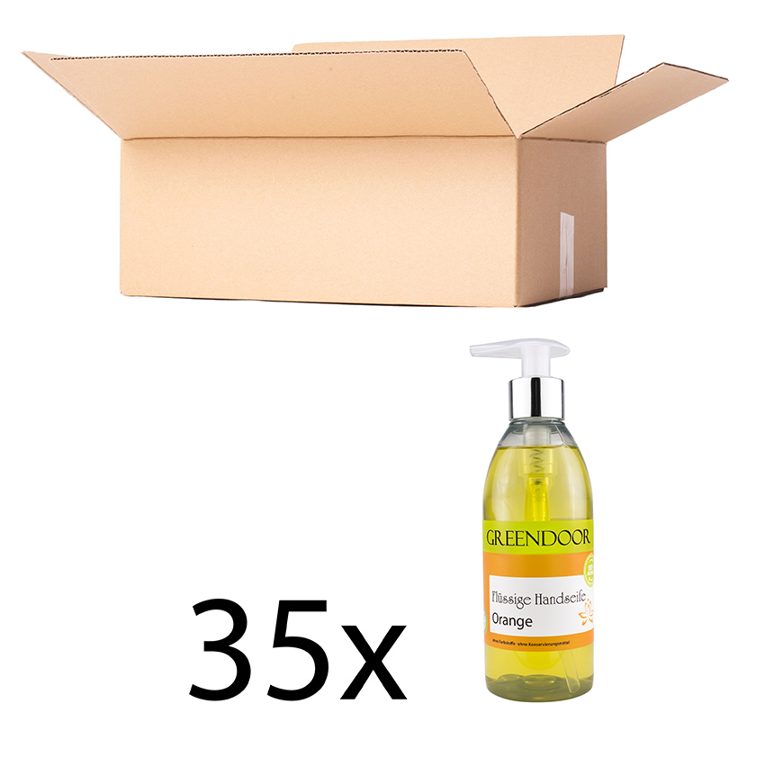 Echte Flüssige Handseife Orange 35x250ml, Flüssigseife vegan, natürliche Seife mit Spender