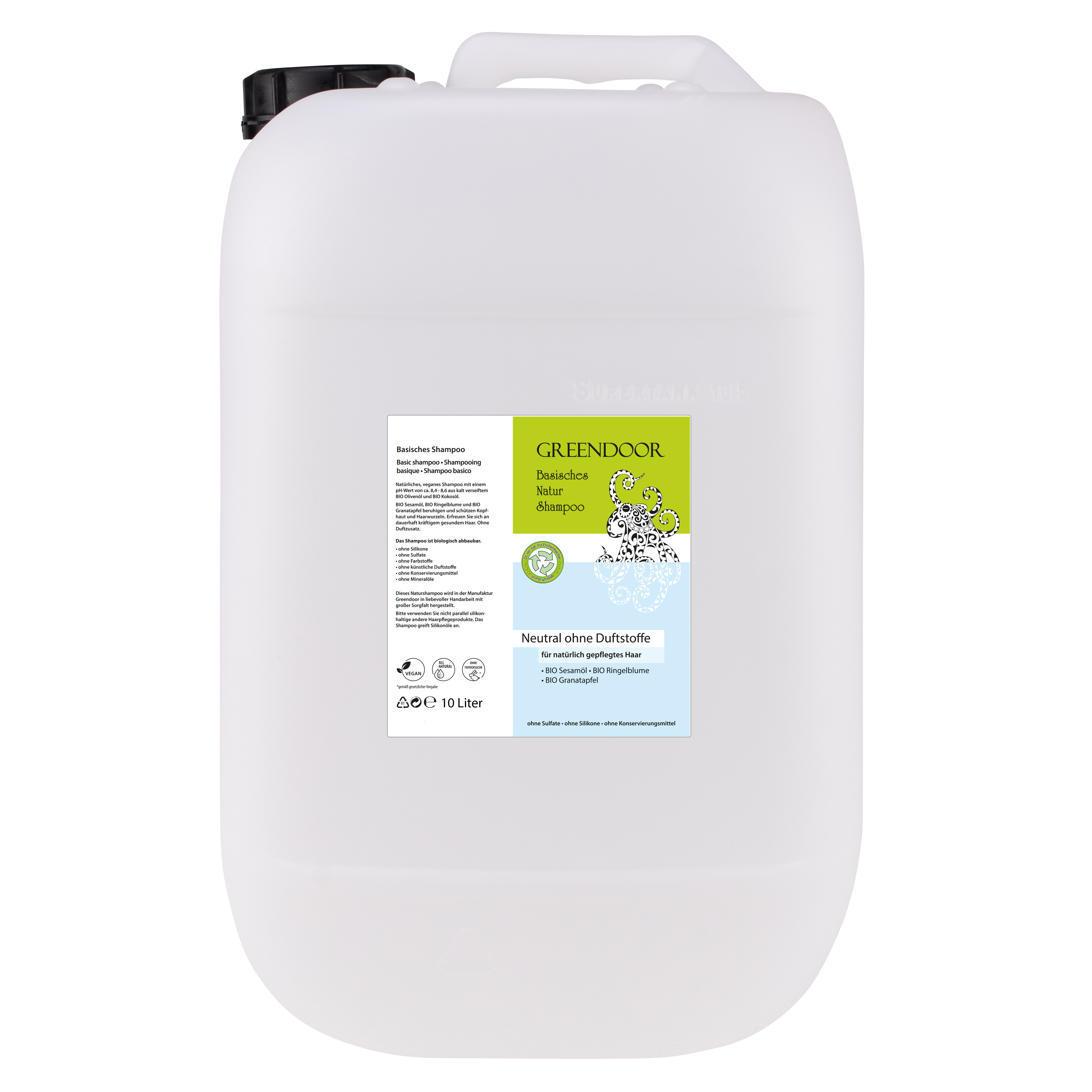 Basisches Natur Shampoo Neutral 10L vegan, ohne Parfum, ohne Duft, mit Bio Ölen, outdoor geeignet