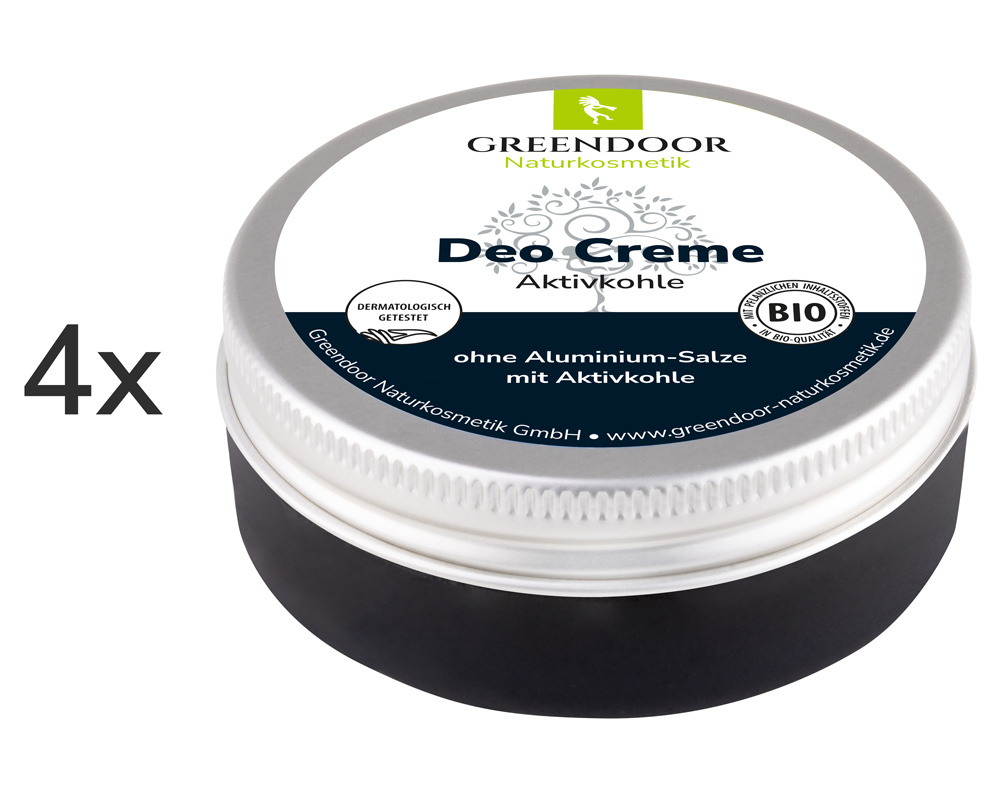Eine Dose Greendoor Deo Creme Aktivkohle mit einem 4 mal davor