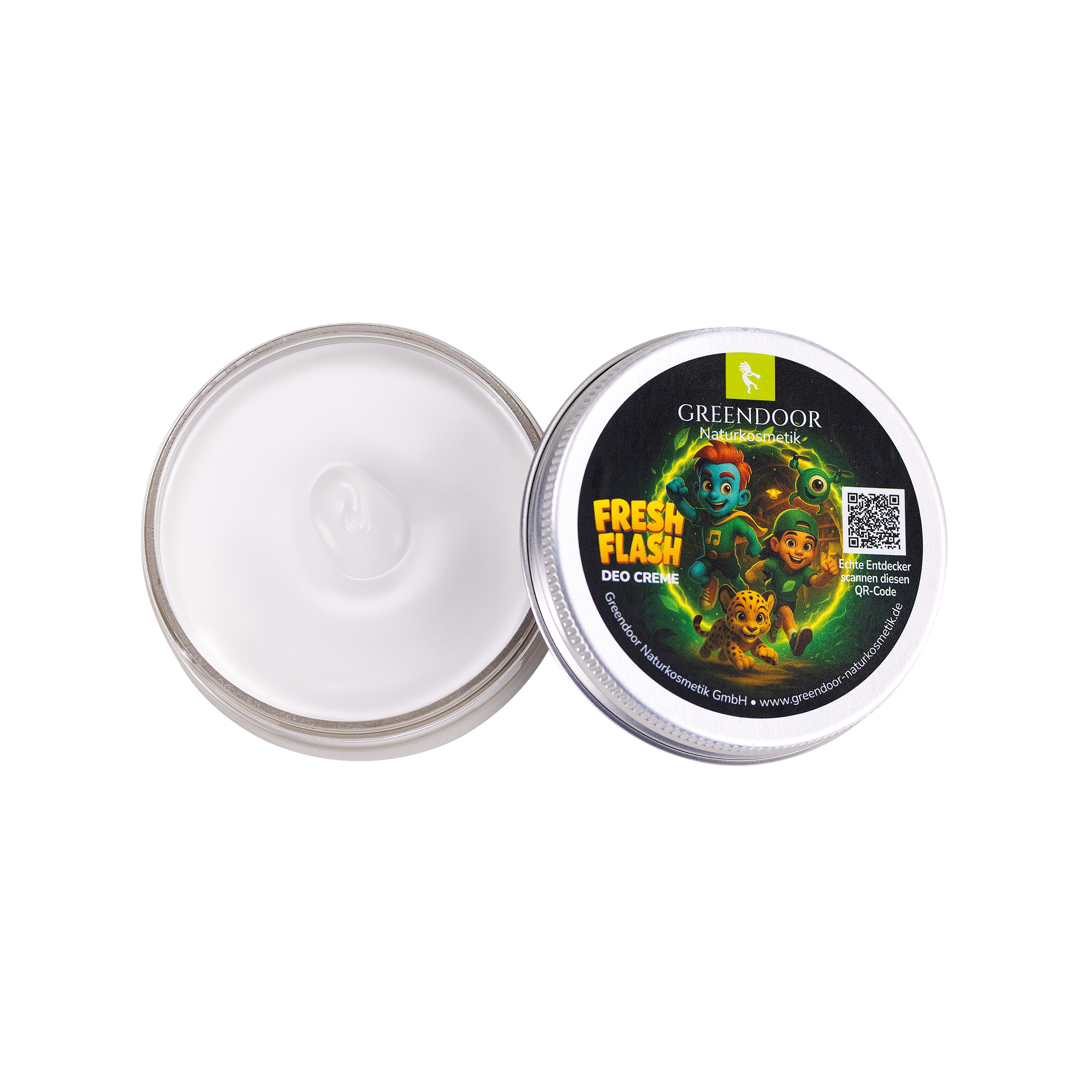 Greendoor Naturkosmetik Fresh Flash Deo Creme mit geöffnetem Deckel, zeigt die weiße Creme in der Dose