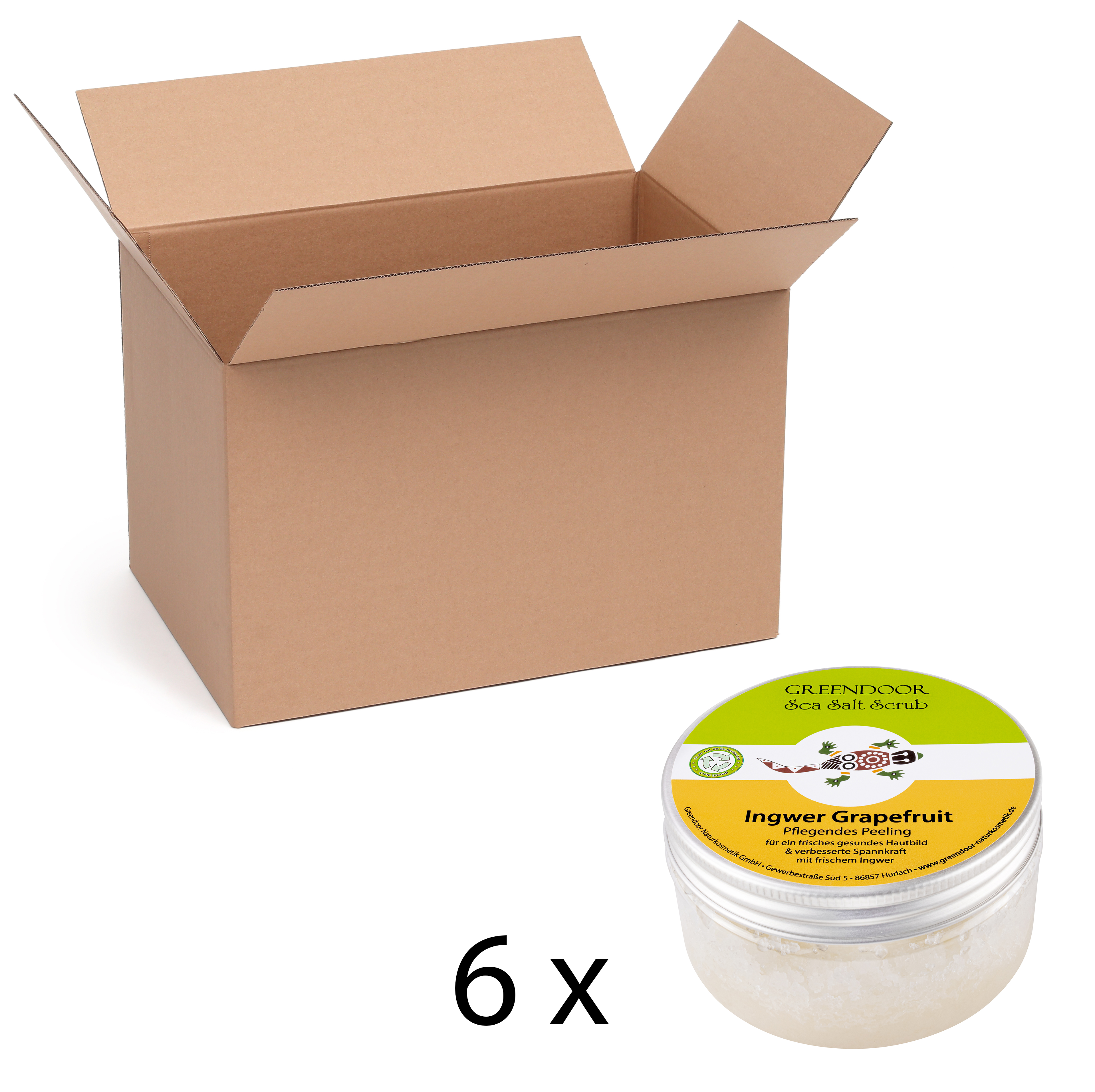 Sea Salt Scrub Ingwer Grapefruit, veganes Körperpeeling ohne Mikroplastik 6x280g