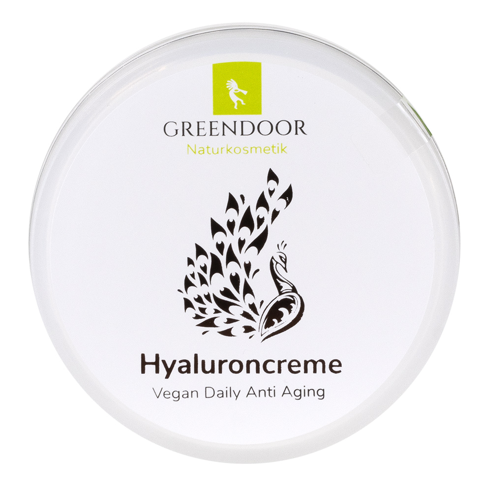 Ein geschlossener Tiegel mit Greendoor Hyaluroncreme
