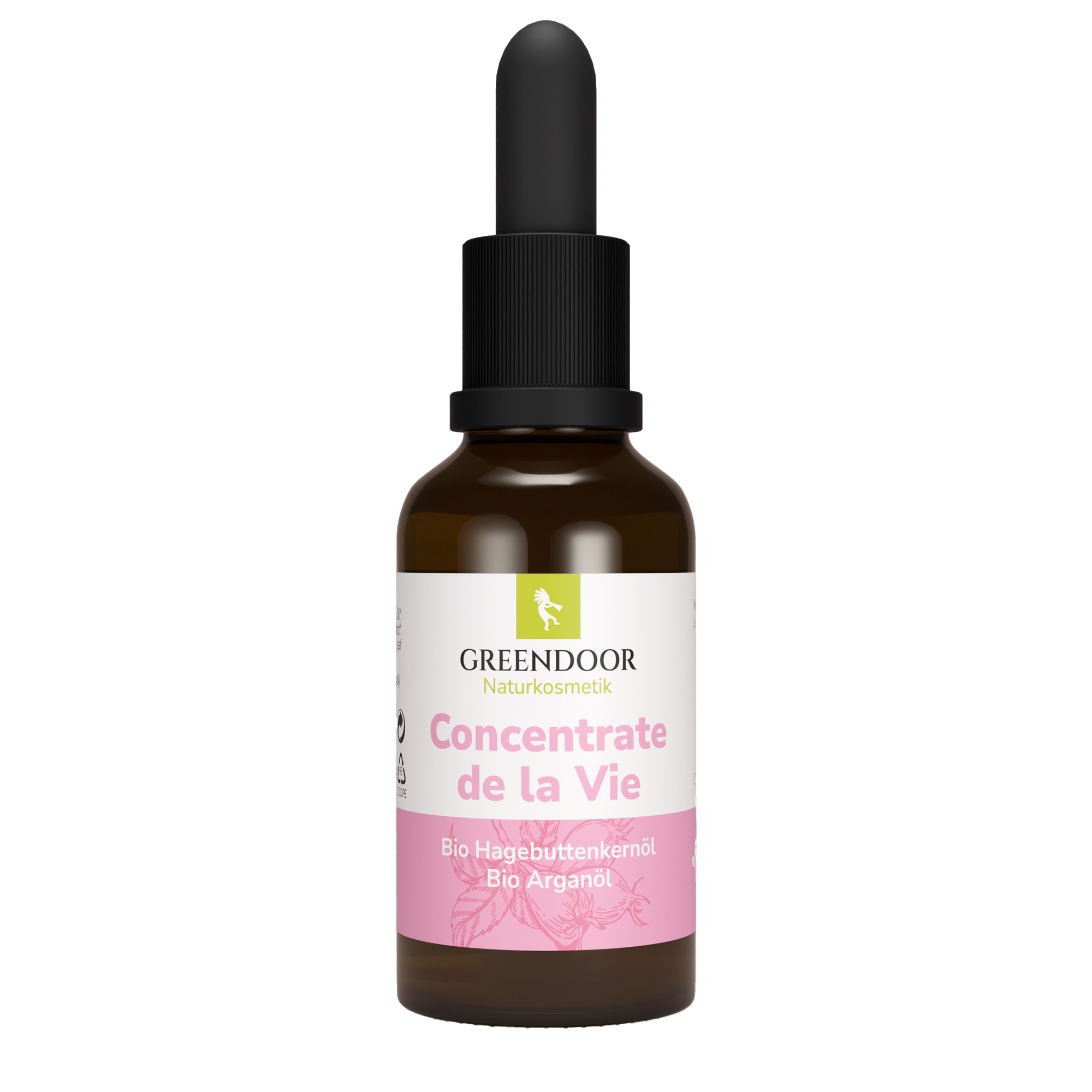 Braunglasflasche mit Pipette, Greendoor Concentrate de la Vie, naturkosmetisches Gesichtsöl mit Bio Hagebuttenkernöl und Bio Arganöl