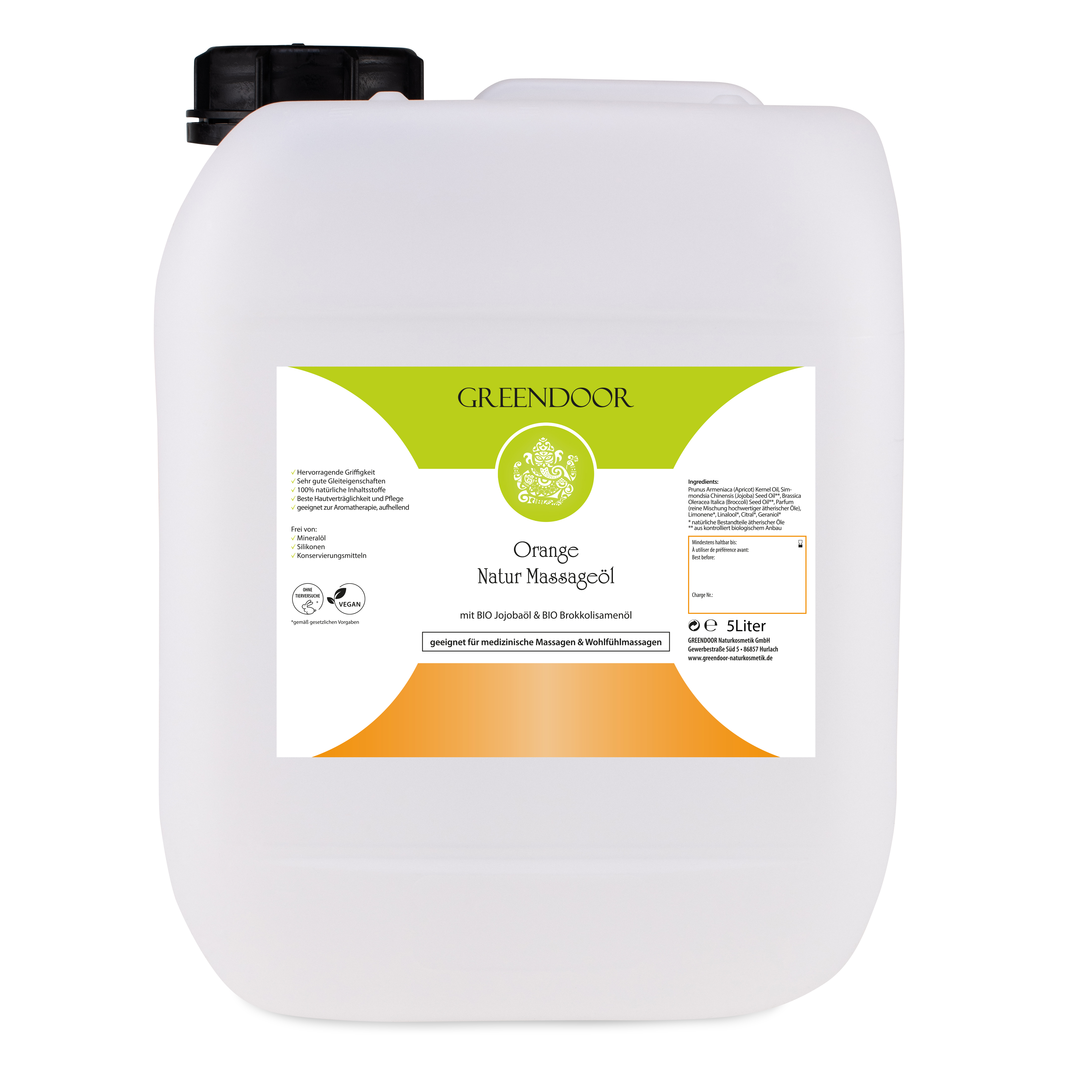 Massageöl Orange 5L, vegan, mit Bio Jojobaöl, reine Naturkosmetik, auch als natürliches Körperöl-