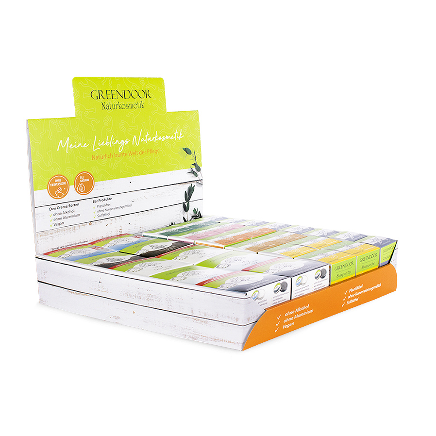 Thekendisplay FR sortiert, Deo Cremes, Shampoo Bars, Dusch Bar Orange Ingwer, Conditioner