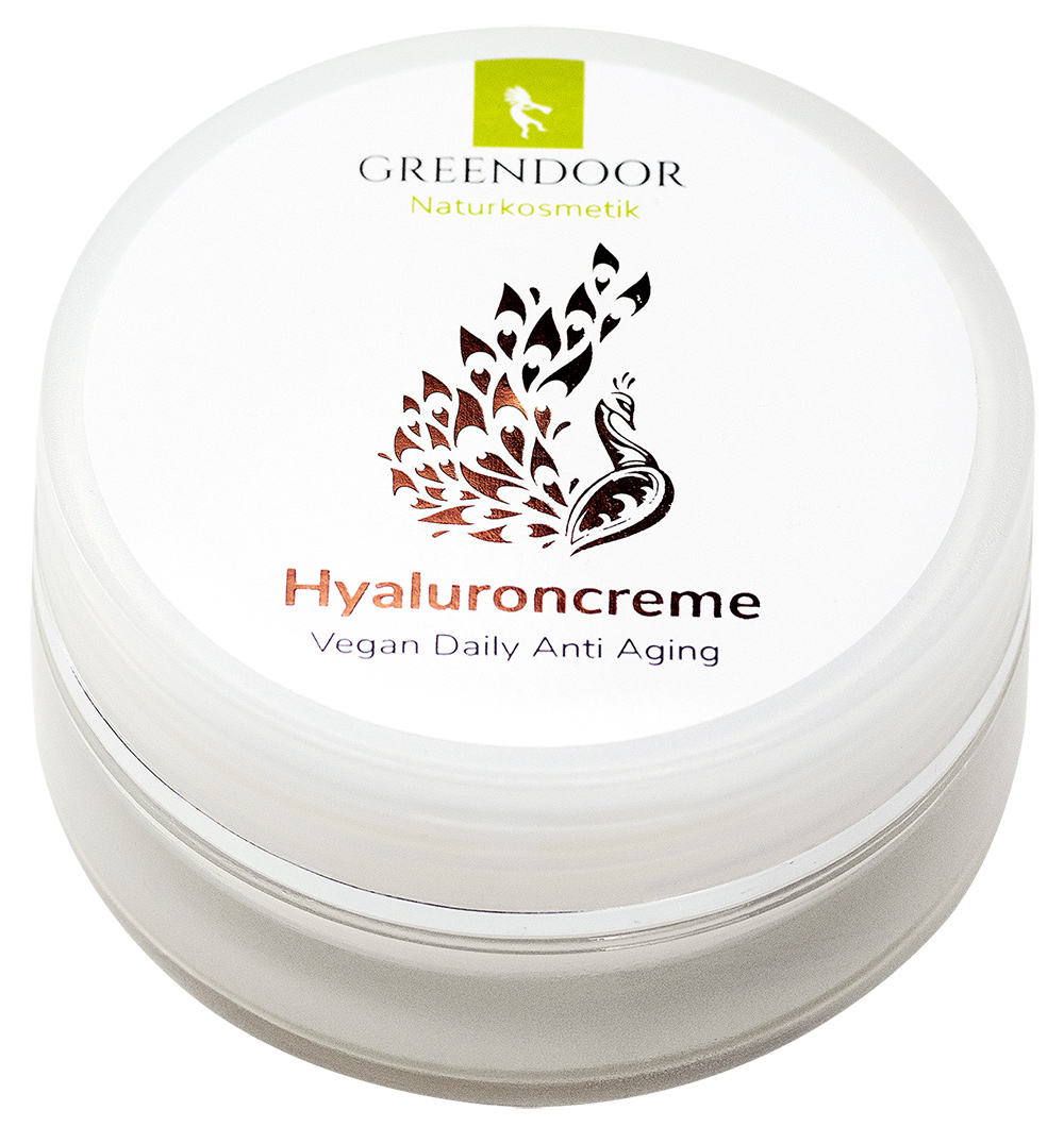 Ein geschlossener Tiegel mit Greendoor Hyaluroncreme