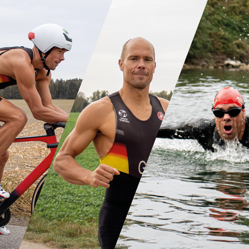 Triathlet Hendrik Becker beim Radfahren, Laufen und Schwimmen