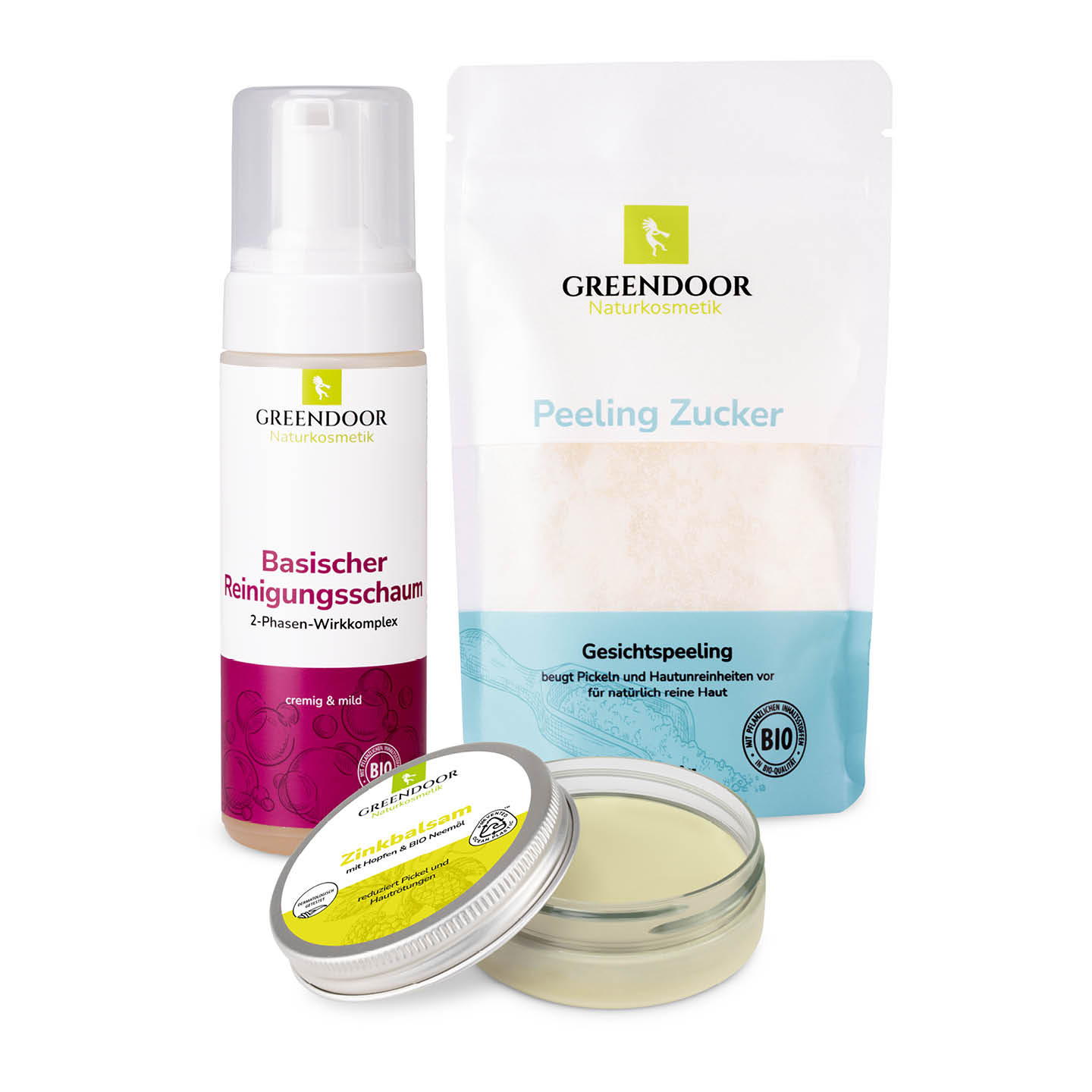 Anti Pickel Set COMPLETE Anti Pickel Set Complete von Greendoor bestehend aus einem Zinkbalsam und einer Foamer Flasche Basischer Reinigungsschaum und einem Gesichtspeeling