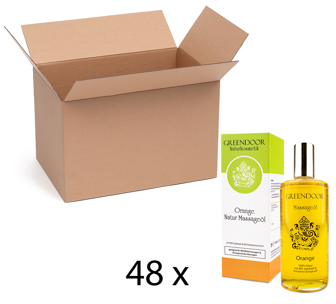 Massageöl Orange 48x100ml, vegan, mit Bio Jojobaöl, reine Naturkosmetik, auch als natürliches Körper