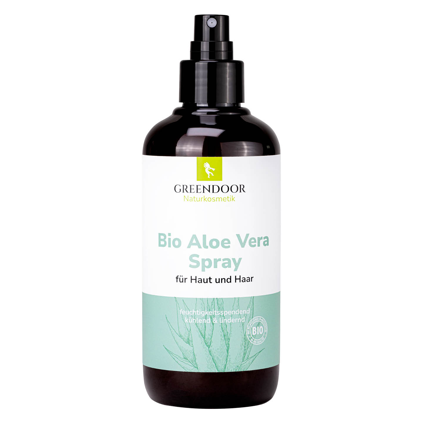 Eine braune Flasche mit Aloe Vera Spray von Greendoor
