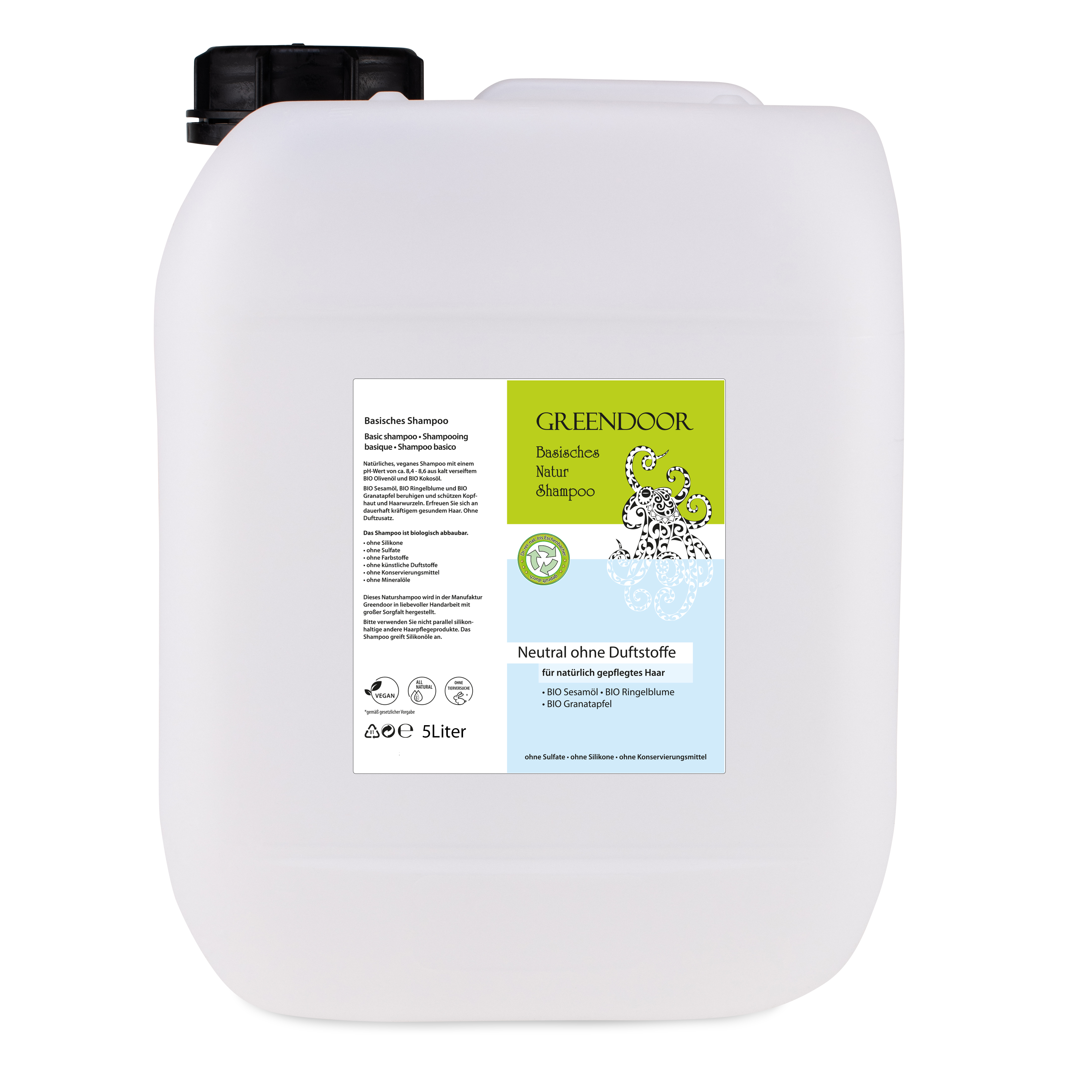 Basisches Natur Shampoo Neutral 5L vegan, ohne Parfum, ohne Duft, mit Bio Ölen, outdoor geeignet