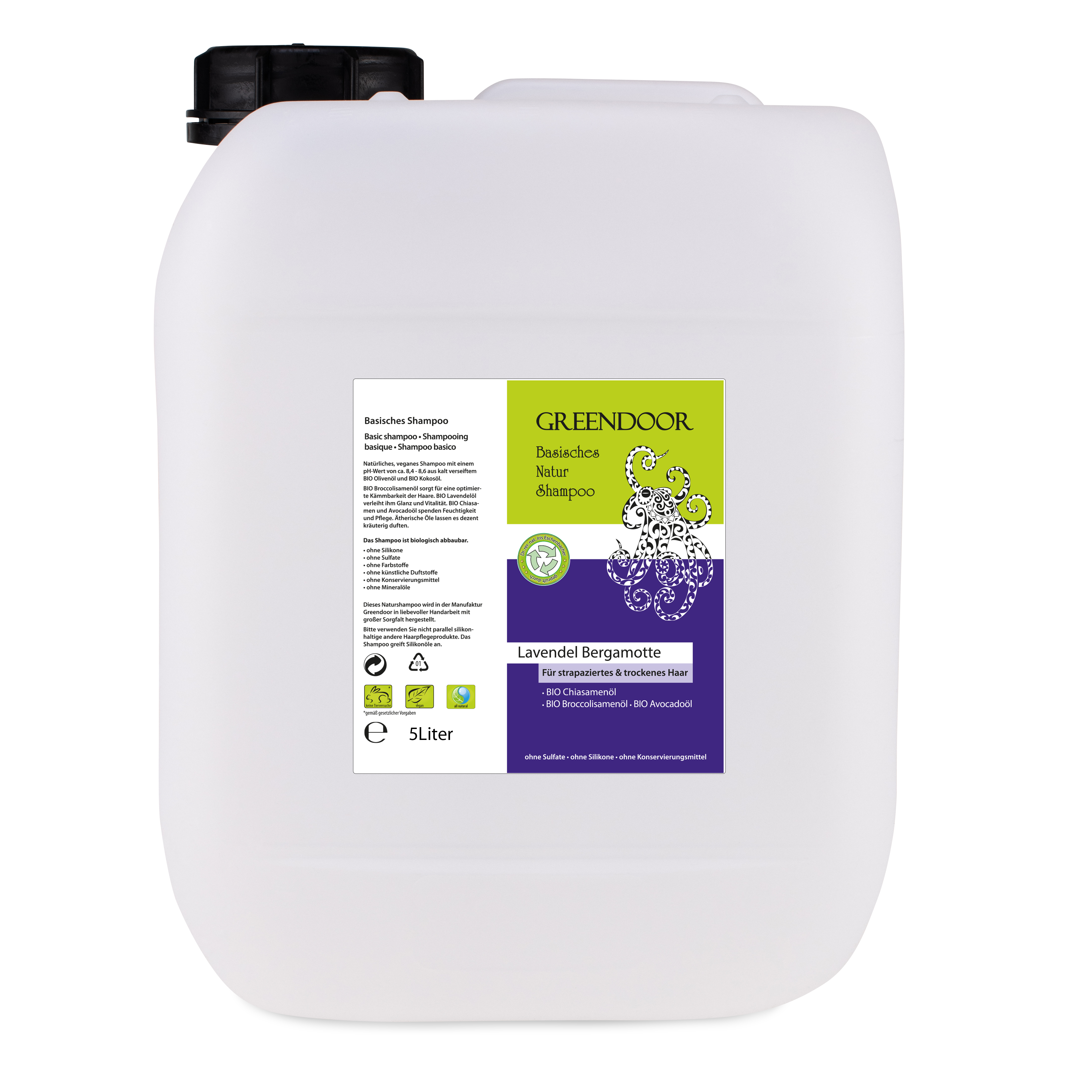 Basisches Natur Shampoo Lavendel Bergamotte 5L vegan mit Bio Ölen, natürlich, outdoor geeignet