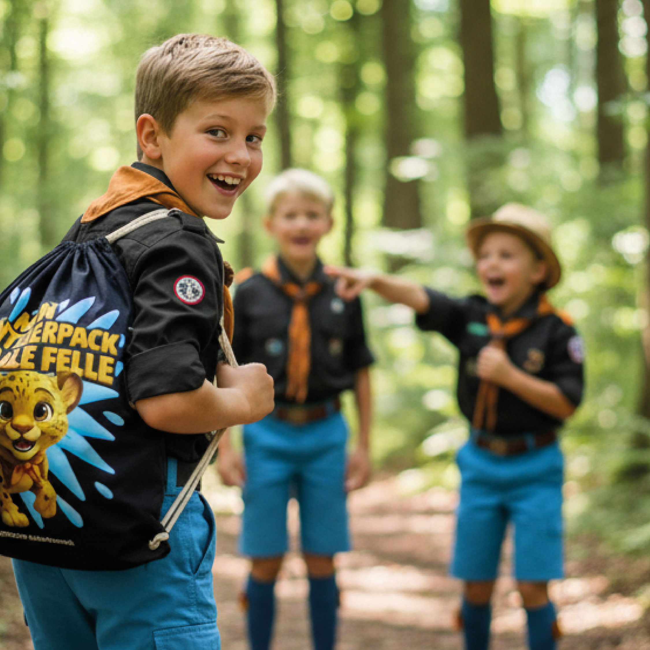 Junge mit Pfadfinder-Rucksack im Wald Lächelnder Junge mit einem Pfadfinder-Rucksack steht im Vordergrund, während zwei weitere Jungen im Hintergrund im Wald zu sehen sind.