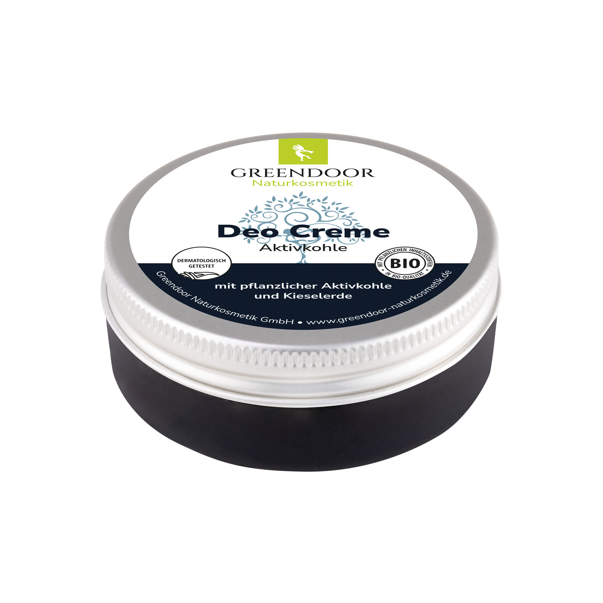 Greendoor Deo Creme mit Aktivkohle - Natürliche Frische Greendoor Deo Creme mit pflanzlicher Aktivkohle und Kieselerde in einer runden Dose