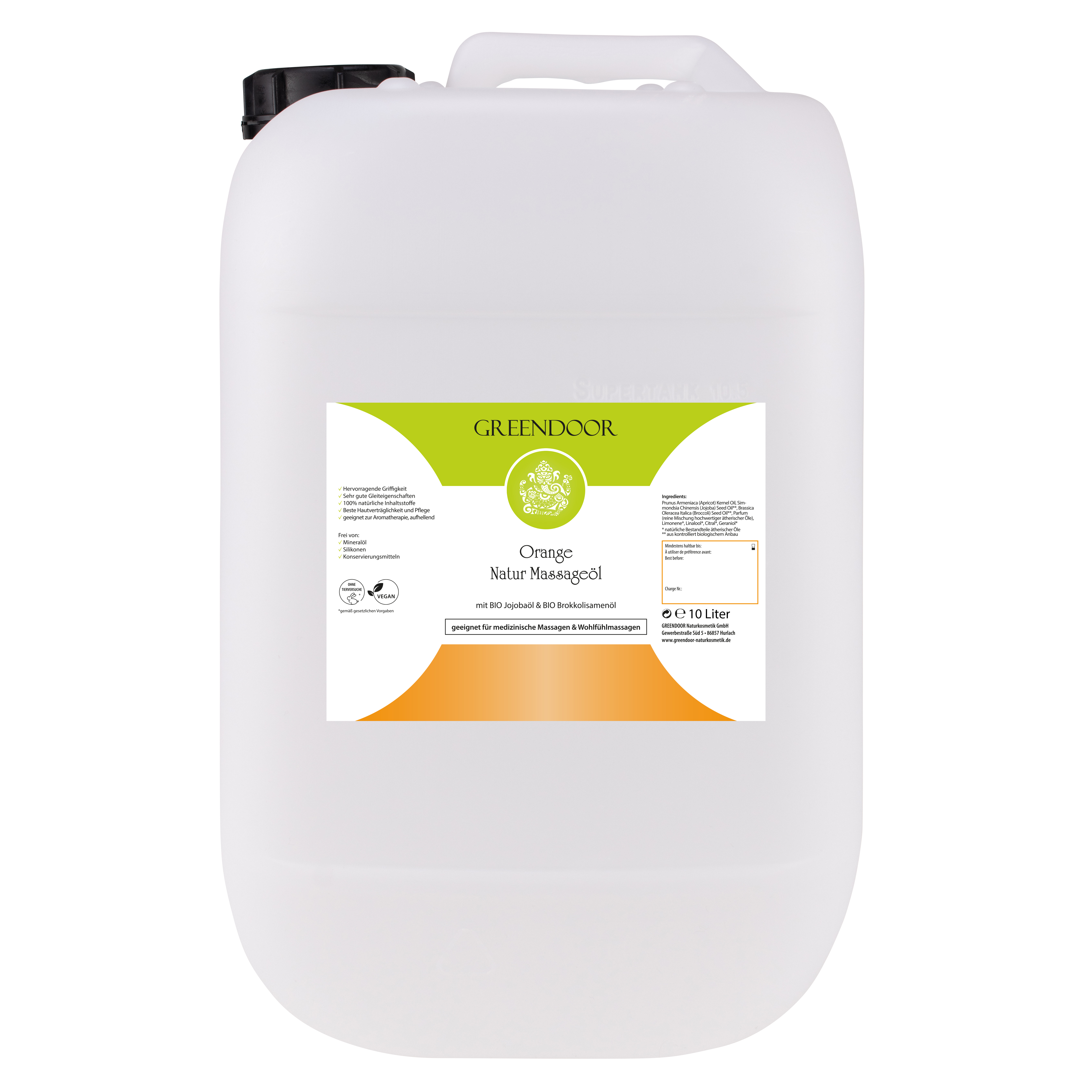 Massageöl Orange 10L, vegan, mit Bio Jojobaöl, reine Naturkosmetik, auch als natürliches Körperöl